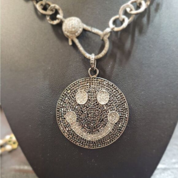 Black Diamond Smiley Face Necklace - Picture 4 of 17